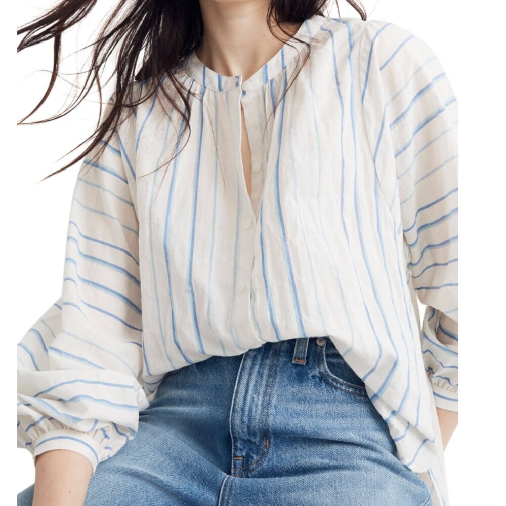Madewell White and Blue Striped  Button-up Blouse XL